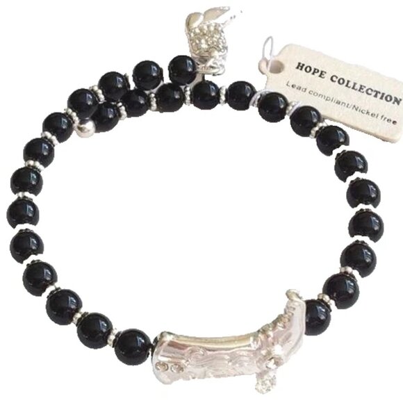 Country Western Cowboy Boot Charm Bracelet Silver Plated Black Cowgirl Stretch - Picture 1 of 9